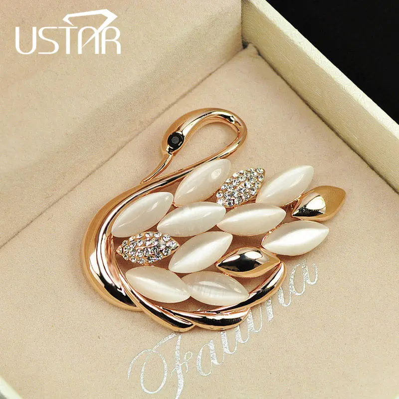 

USTAR Lovely Swan brooches for women pins gold color animal rhinestone cameo brooch lapel broche christmas gifts top quality S8