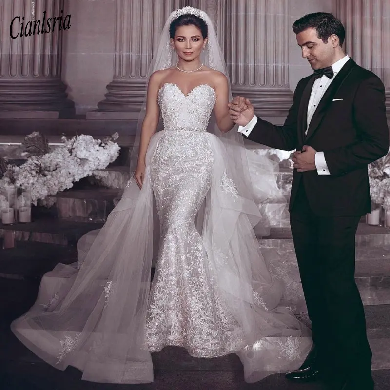 

Luxury Sequined Lace Mermaid Wedding Dress 2020 Vestido De Noiva Sexy Off the Shoulder Detachable Train Vintage Wedding Gowns