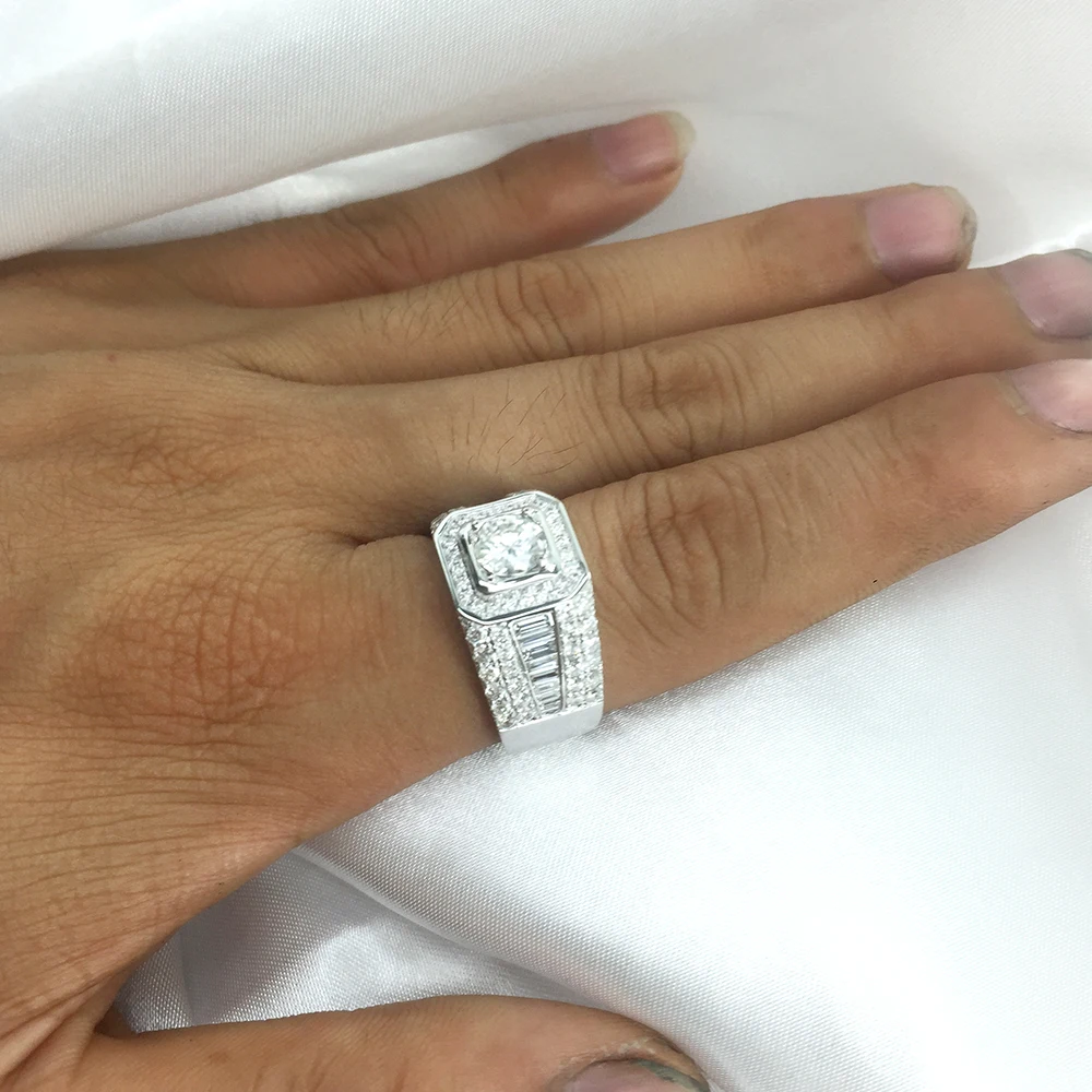 AEAW роскошное кольцо Moissanite 14k из белого золота 2CTW с круглой огранкой Brillant Lab алмазный обруч для мужчин свадебные мужские украшения