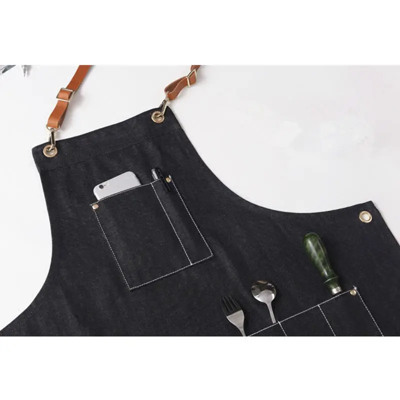 Черный джинсовый фартук K9N кожаный ремешок с перекрестной застежкой бариста