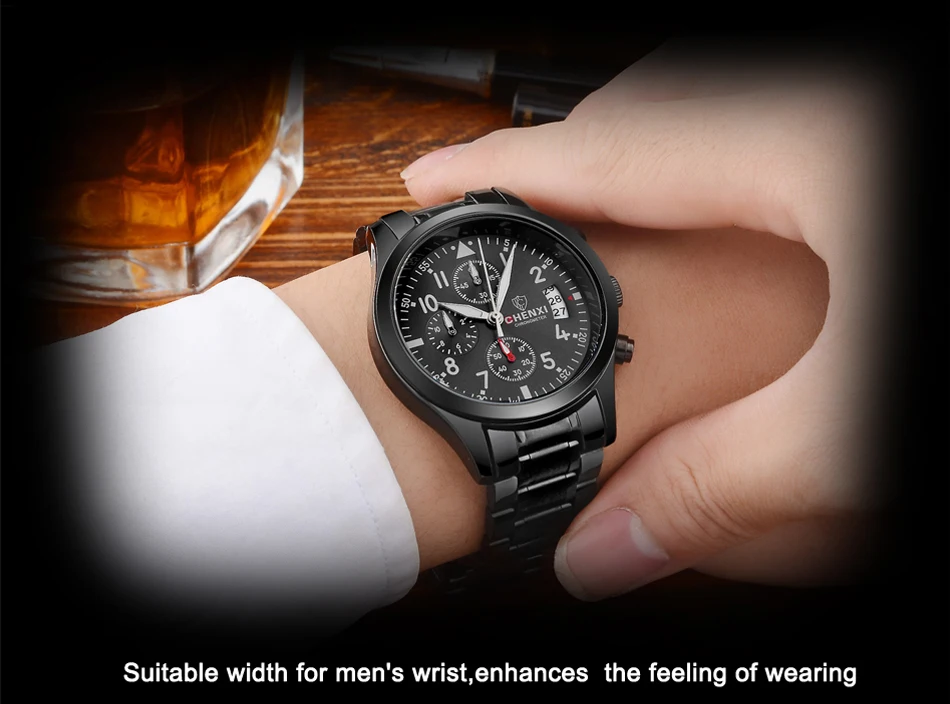 

CHENXI Men sports watches fashion All Black steel band wristwatches Quartz clock Waterproof watch man Gift quartz WristWathes