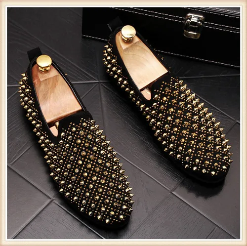 Chaussures mocassin homme; Роскошные слипоны; дизайнерская обувь с заклепками; модные лоферы; chaussure homme Cuir; 5#25/15H50 - Цвет: Black