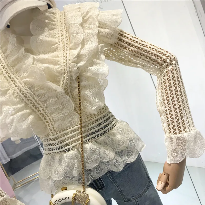 ALPHALMODA отделка из оборок открытая кружевная блузка женская облегающая однотонная Мода Blusas Mujer De Moda Blusas Femininas Elegante