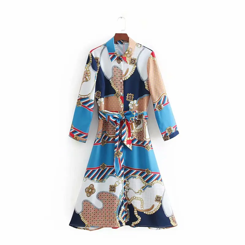 za 2019 summer Women chain print maxi dresses Belted scarf long vestidos Dress one piece | Женская одежда