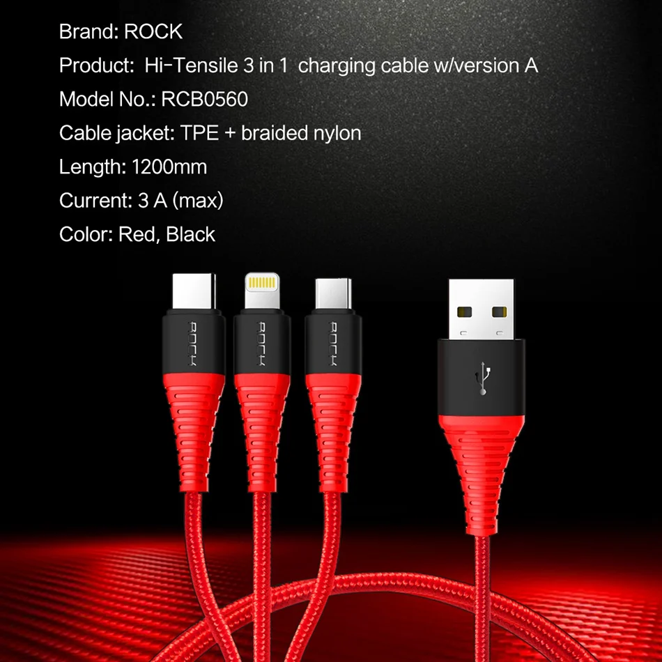ROCK 3 в 1 usb type C Micro USB и зарядный кабель для iPhone, высокопрочный зарядный USB кабель для iPhone X 8 7 6 6 Plus