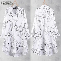 tunic women printed blouse long shirt 2021 zanzea casual button down shirt chemise female long sleeve top lapel blusas