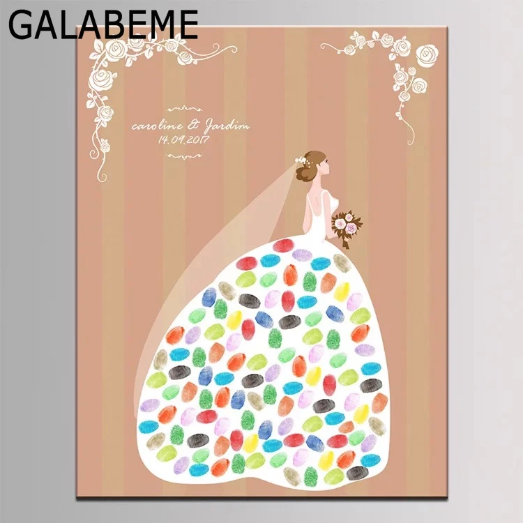 

Custom Name Date Bride Wedding dress Print Fingerprints Guestbook Fingerprint Sign guest book wedding decoration