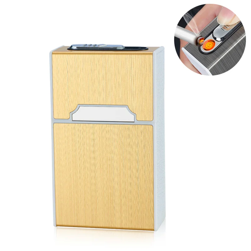 Golden Металлический чехол для сигарет, электронная USB Зажигалка, 20 шт., водонепроницаемый держатель для хранения сигарет, плазменная дуговая зажигалка, мужские подарки - Цвет: Golden