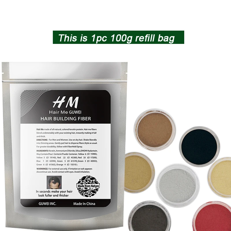 Hair Me, 1 шт., 100 г, сумка для заправки волокон для волос, утилизация, лучшее качество, повторное использование, защита от выпадения волос, 12 цветов, порошок волокна для роста волос