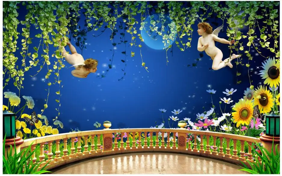 Настенные 3d фотообои на заказ с изображением ангела любви ночного леса фона