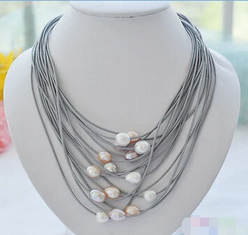 

15row 20" 13mm white pink rice pearl gray leather necklace