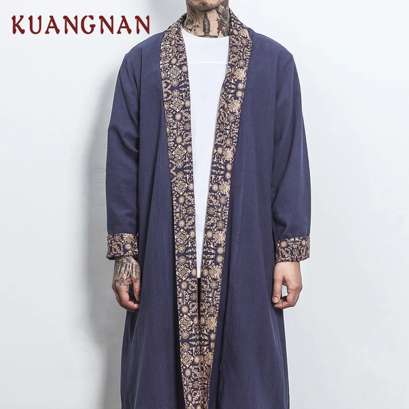 KUANGNAN мужская куртка в китайском стиле длинное пальто ветровка Черная 5XL Японская
