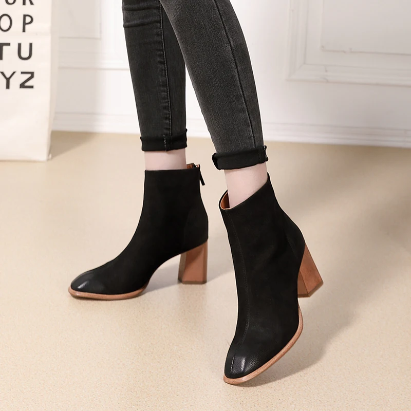 2018 VALLU женские ботинки для осень зима обувь натуральная кожа Квадратные носки на