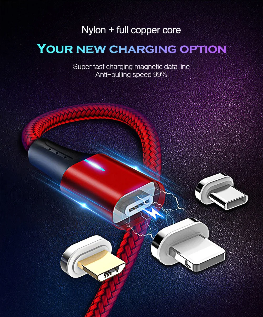 Магнитный usb-кабель 3A 2 м для iPhone X, Магнитный зарядный кабель передачи данных для быстрой зарядки, кабель Micro USB type-C для samsung Xiaomi huawei