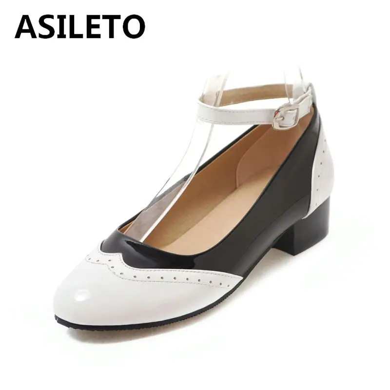 ASILETO women pumps buckle brogues low heels shoes woman around toe mixed color pu leather zapatos casual footwear sapatos|Женские туфли|