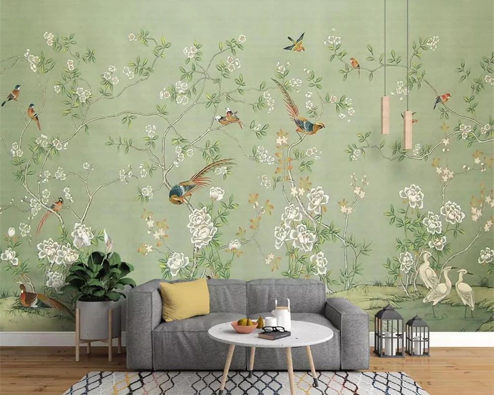 Росписи обоев на заказ большие китайские расписанные вручную цветы и птицы
