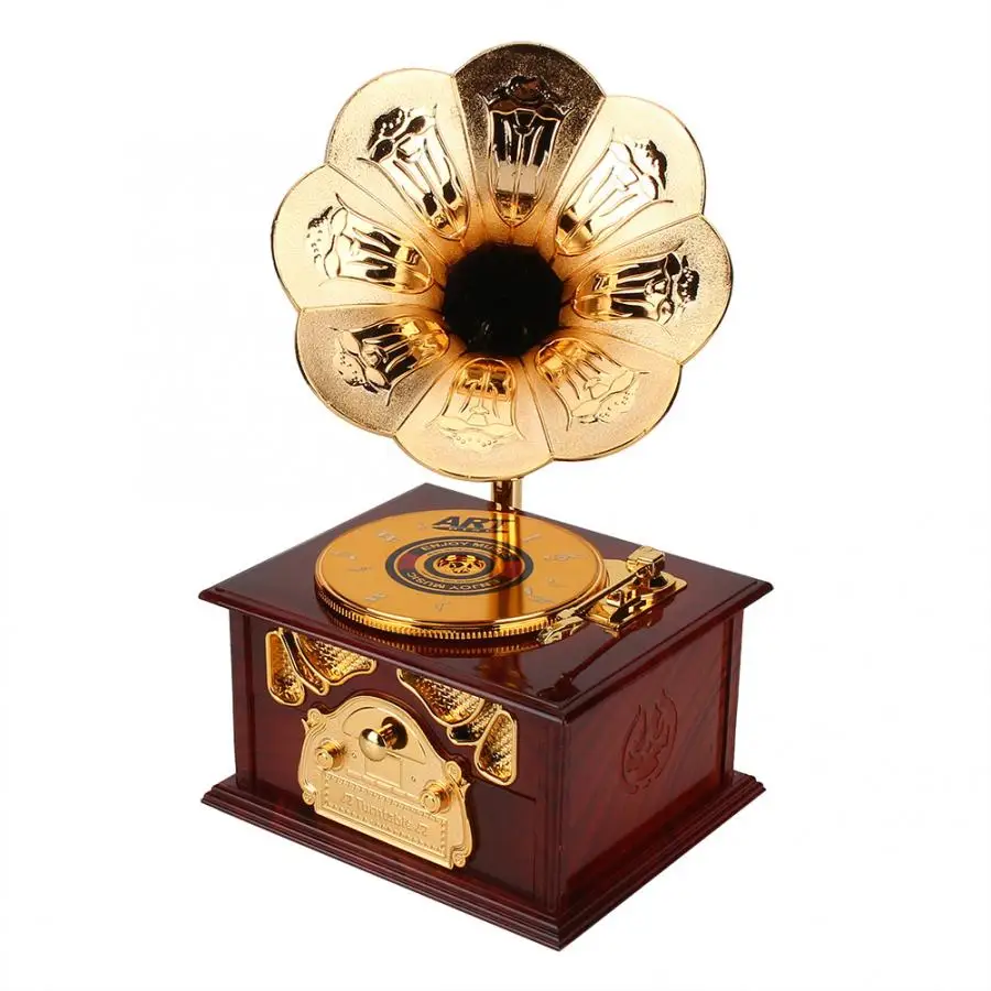 Antique Wooden Music Box Metal Phonograph Hand Crank Music Boxes Classic Music Box Decor Christmas Birthday Gift