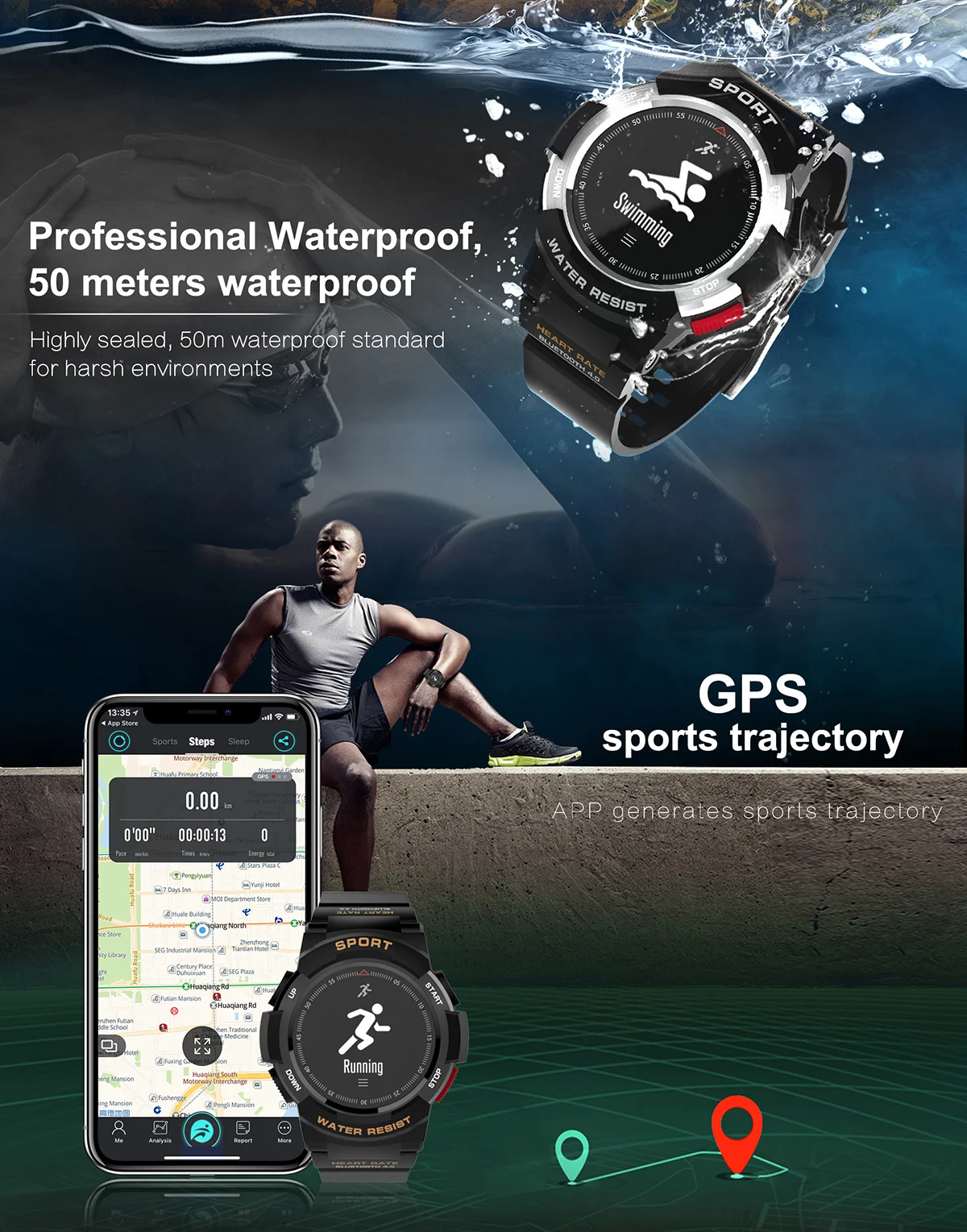 Мужские умные часы F6, умные часы с Bluetooth 4.0IP68, водонепроницаемые, gps, мониторинг сердечного ритма, шагомер для Android IOS