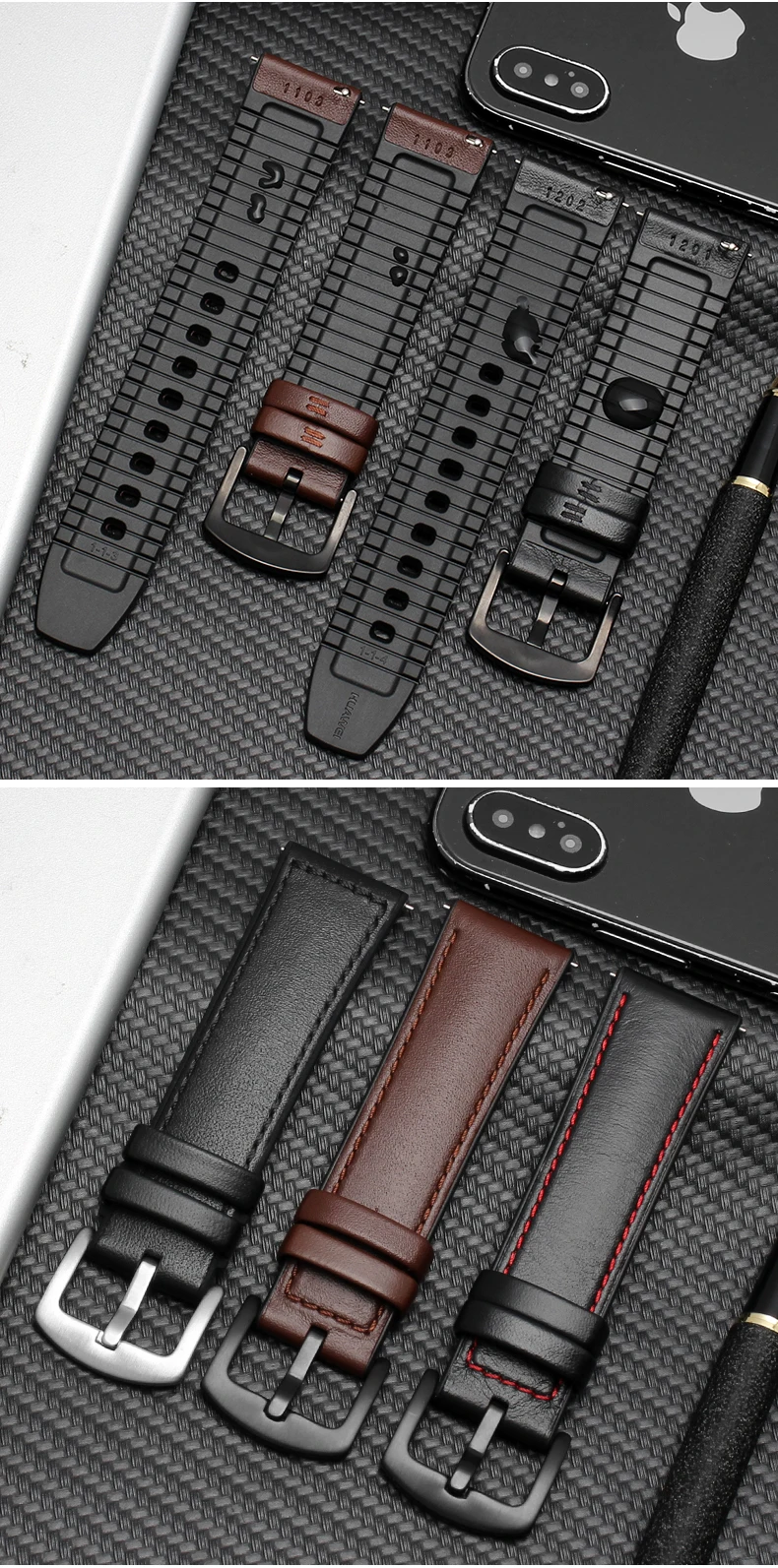 Ширина ремешка 22 мм кожаный браслет для huawei Watch GT умные часы Бизнес Стиль сменный ремешок 2в1 кожаный/силиконовый ремешок