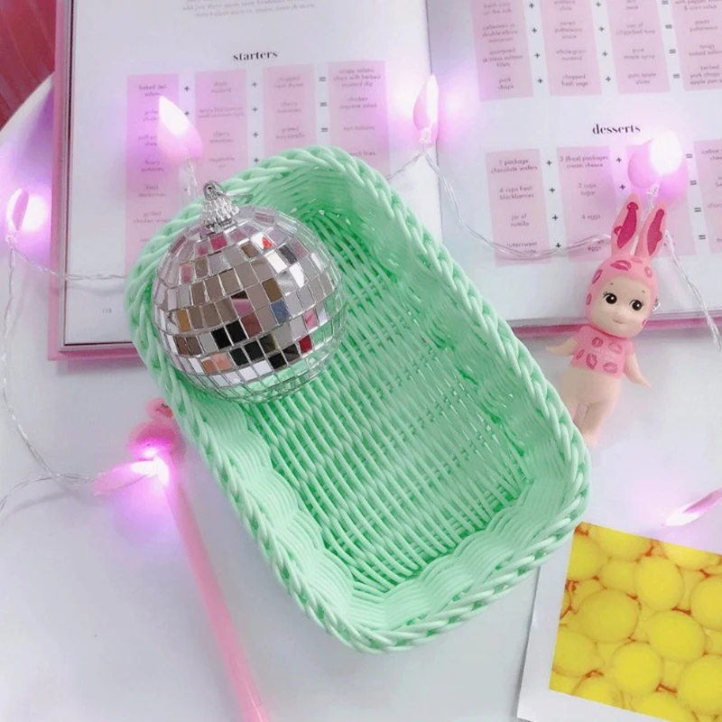 Straw Storage Basket Wicker Macarons Desktop Debris Sorting Box Girl Heart Pink Control Photo Props 2pcs 13.5*19.7 cm |