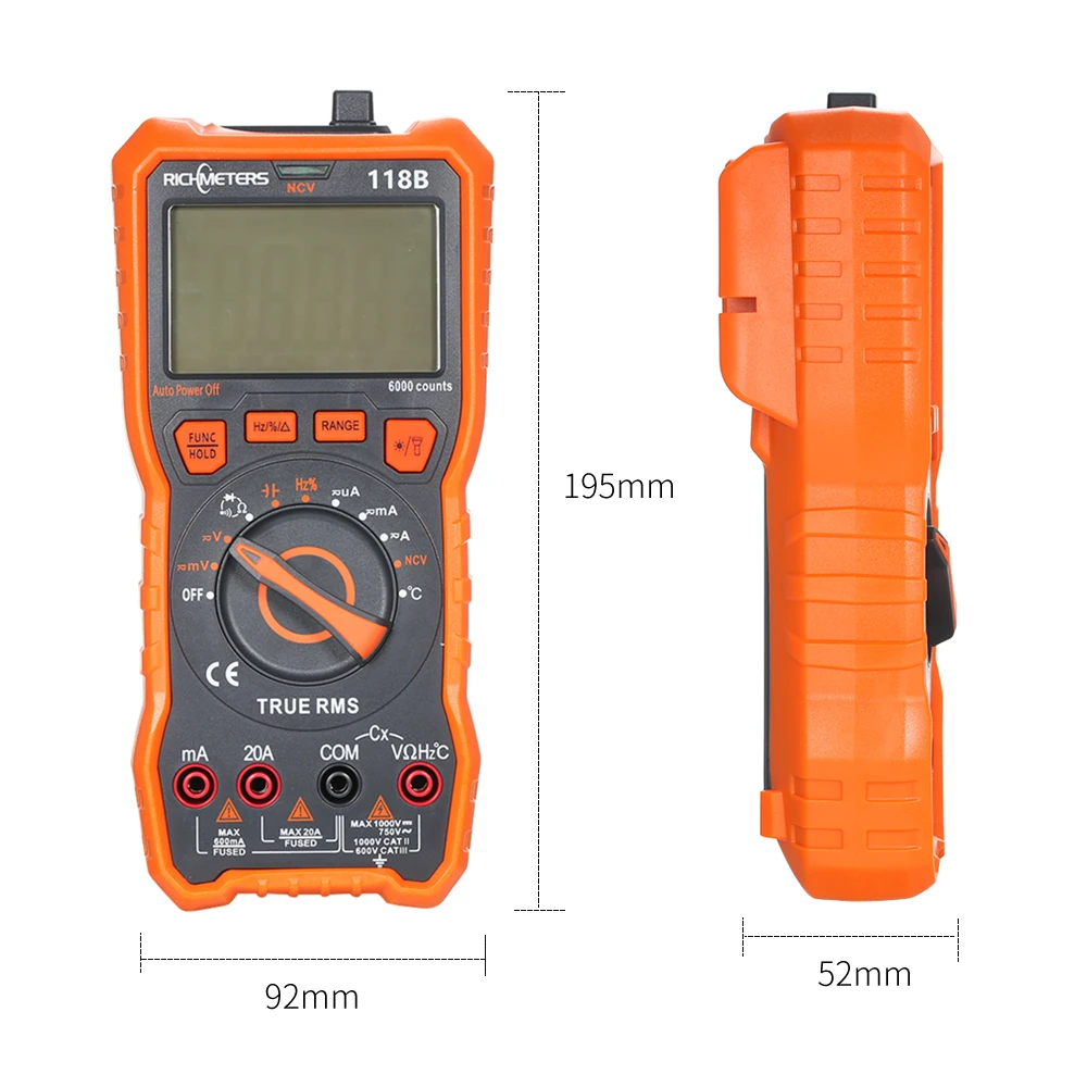 RICHMETERS 118C 20A Цифровой мультиметр 6000 отсчетов NCV HFE True RMS 100mF емкость магнит AC/DC