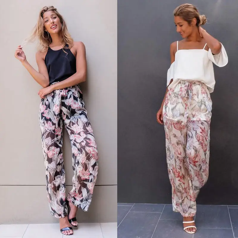 Женские повседневные шифоновые шаровары с принтом удобные эластичные длинные