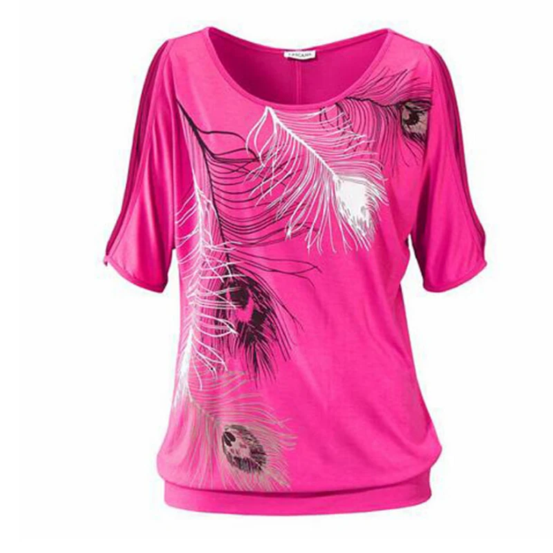 

Women Sexy Off Shoulder Shirts 2016 Summer Beach Tshirt Femme Feather Print Loose Short Sleeve T Shirt Women Camisetas Mujer