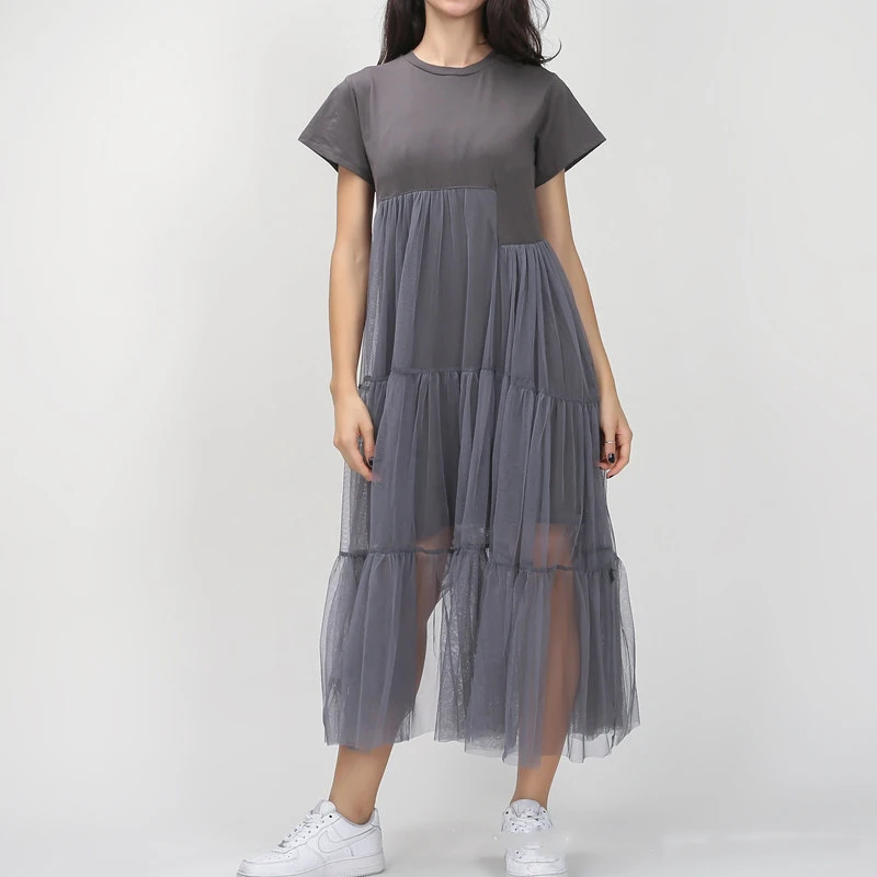 Korea 2018 Summer Women Mesh Patchwork Loose Casual Mid-calf Dress Female Vestido | Женская одежда