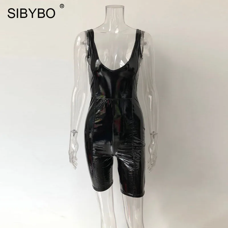 Черный Женское боди из искусственной кожи Sibybo, комбинезоны с открытой спиной и глубоким v-образным вырезом, костюмы для стройных, повседневный укороченный комбинезон на лето - Цвет: Черный