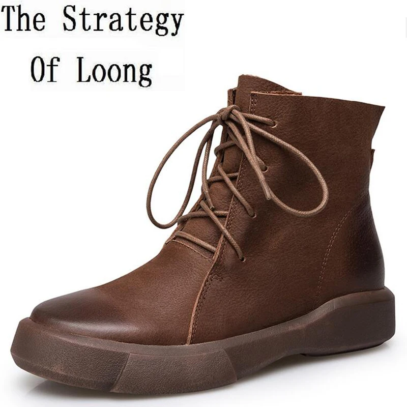 Женские кожаные ботильоны со шнуровкой теплые зимние короткие ботинки на