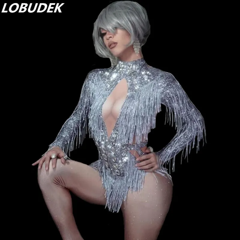 

Silver Rhinestones Fringed Long Sleeve Jumpsuit Female Crystals Tassels Elastic Leotard Nightclub Female Singer DS Stage Costume