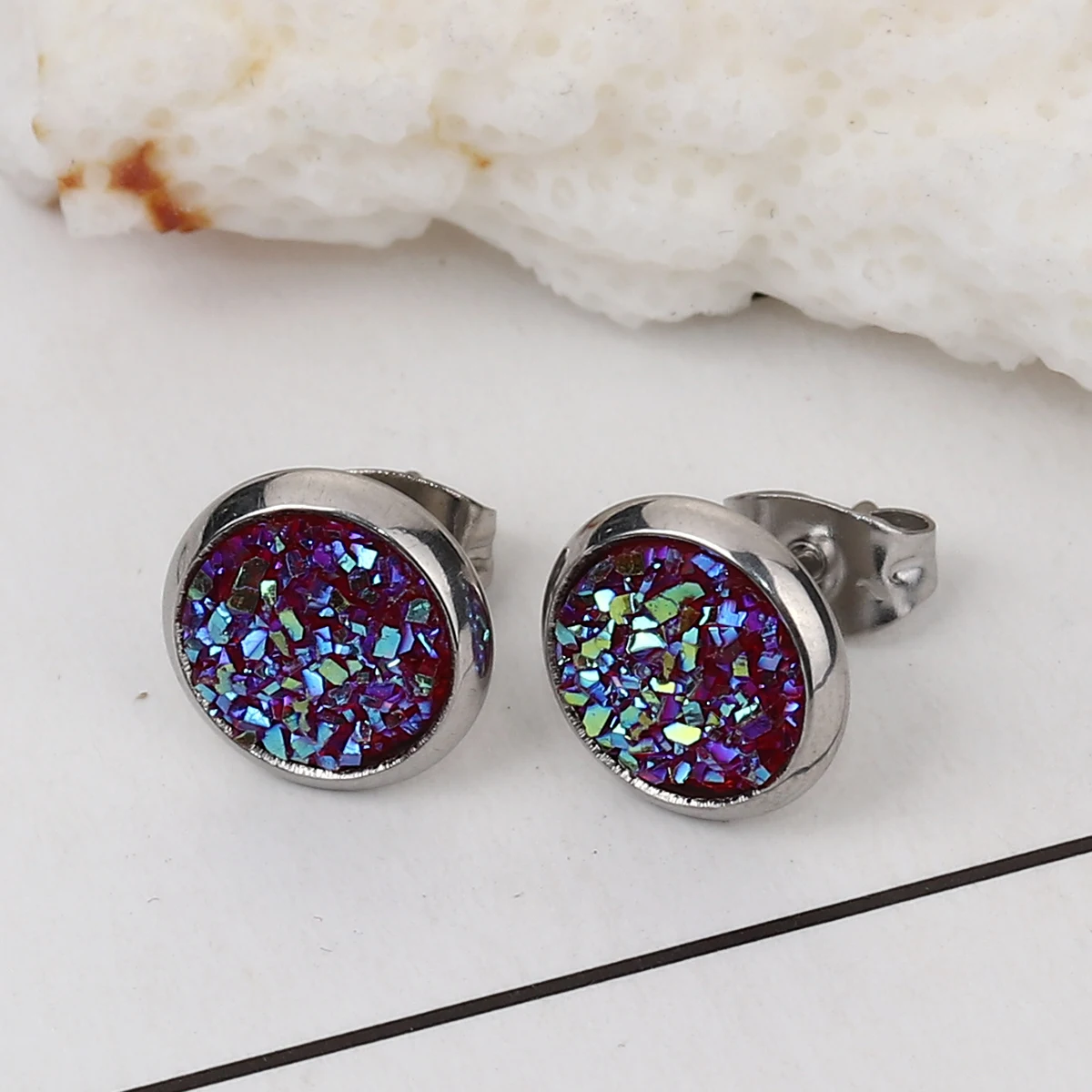 Нержавеющая сталь Druzy/Drusy серьги гвоздики серебряный цвет фуксия круглый AB Цвет 10