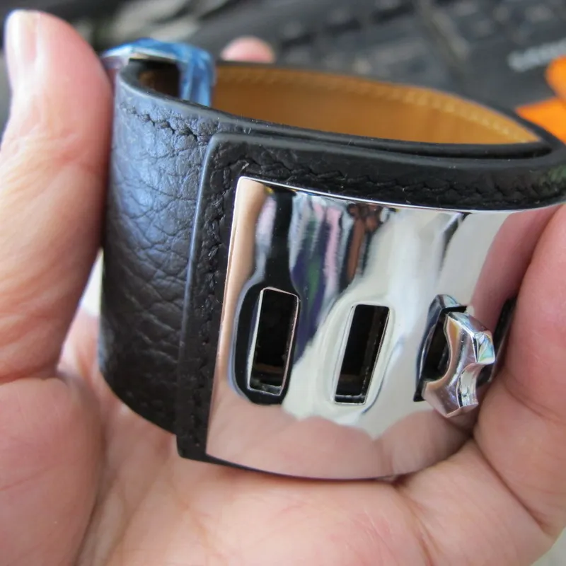 black and silver Широкий браслет из натуральной телячьей кожи большой 316L нержавеющая сталь фурнитура Панк ювелирные изделия для женщин - Окраска металла: black and silver