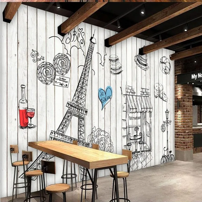 Фотообои ручная роспись деревянная Парижская башня обои хлебобулочные Ресторан