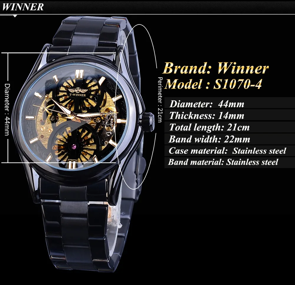 Часы-Скелетон Winner, новинка, спортивные механические часы Montre Homme, черные часы со стальным ремешком, мужские деловые автоматические часы