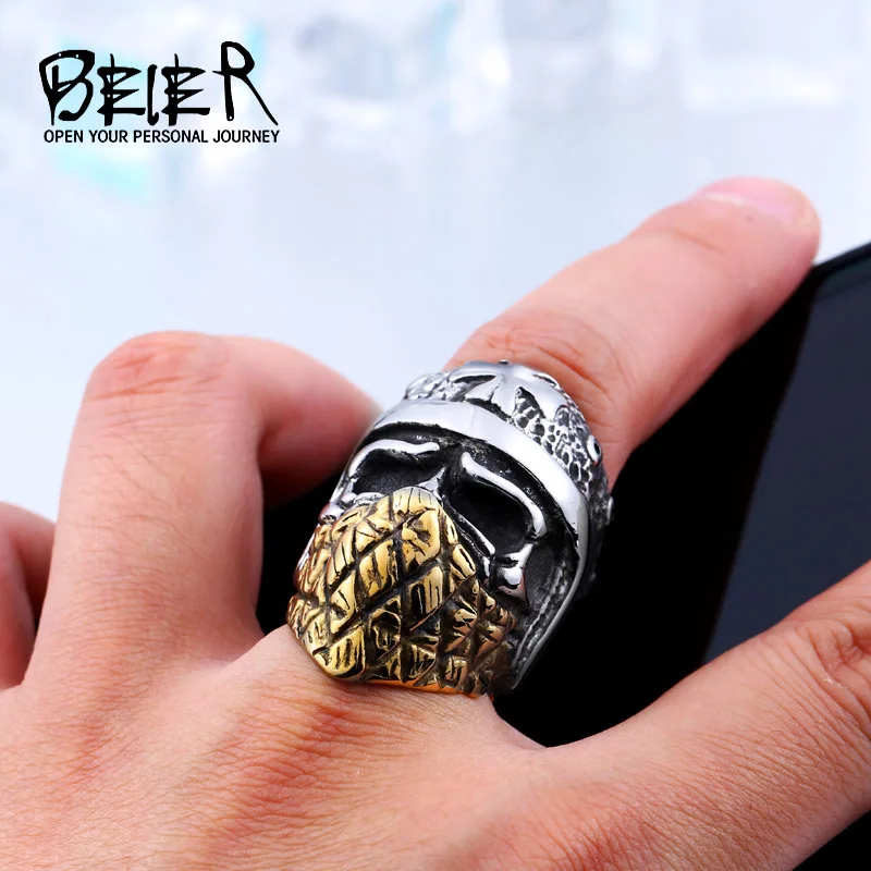 Beier Cool Part Plated Gold Cross Skull Ring 316L Stainless Steel Man's Biker Punk Personality Style BR8 355|skull ring|316l stainless