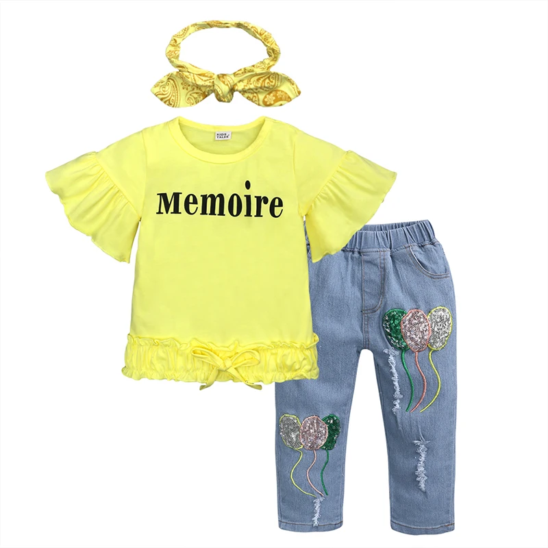 TZ519 Summer Fashion baby girl clothes cotton short-sleeved letter yellow T-shirt + Jeans +hairband 3pcs girls clothing set | Мать и