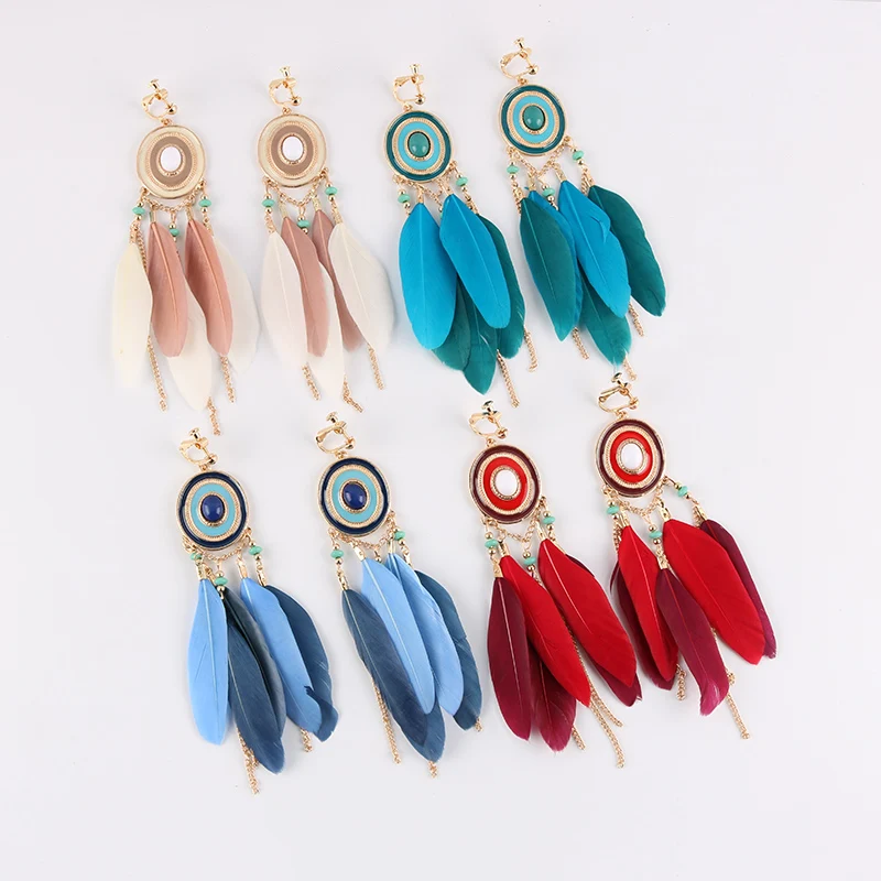 Модные богемные большие длинные эмалированные Серьги клипсы с перьями для