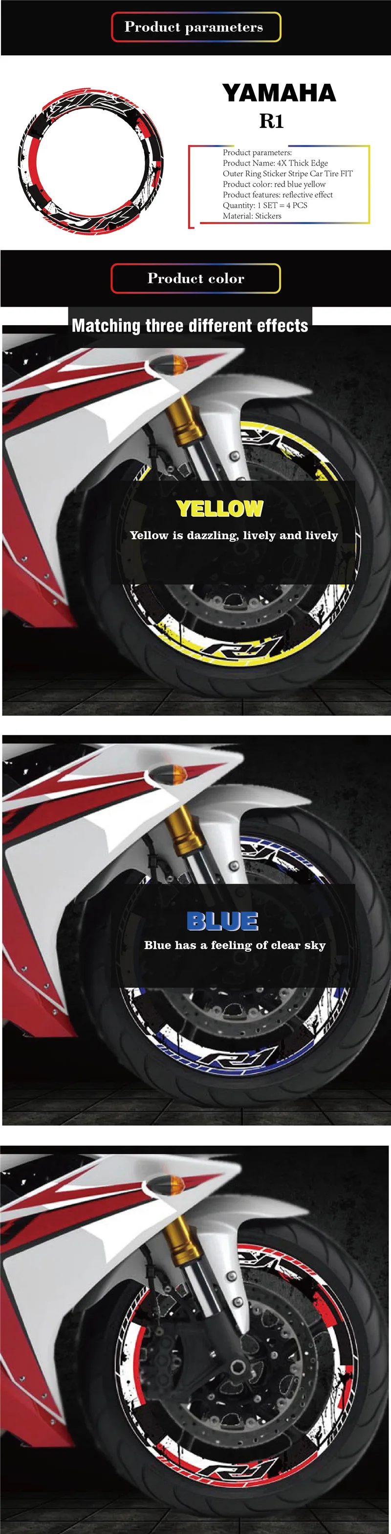 4 X Thick Edge Outer Rim Sticker Stripe Wheel reflective stickers Fit YAMAHA R1