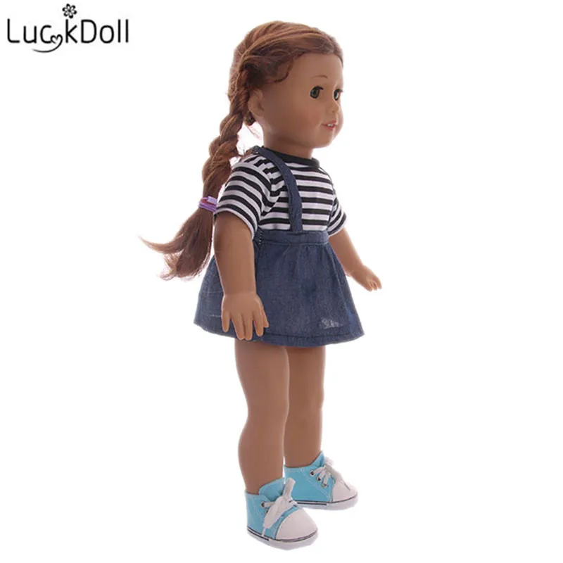 LUCKDOLL топ в полоску + джинсовая юбка на бретельках аксессуары для кукол 18 дюймов