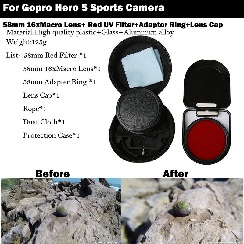 58 мм Go pro HERO 5 16x макрообъектив + УФ-красный фильтр крышка объектива для GoPro hero Hero