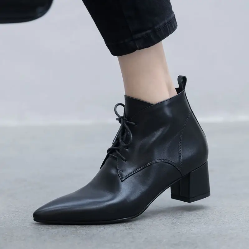 ALLBITEFO fashion retro genuine leather pointed toe high heels women boots ankle boots for women leather boots girls shoes