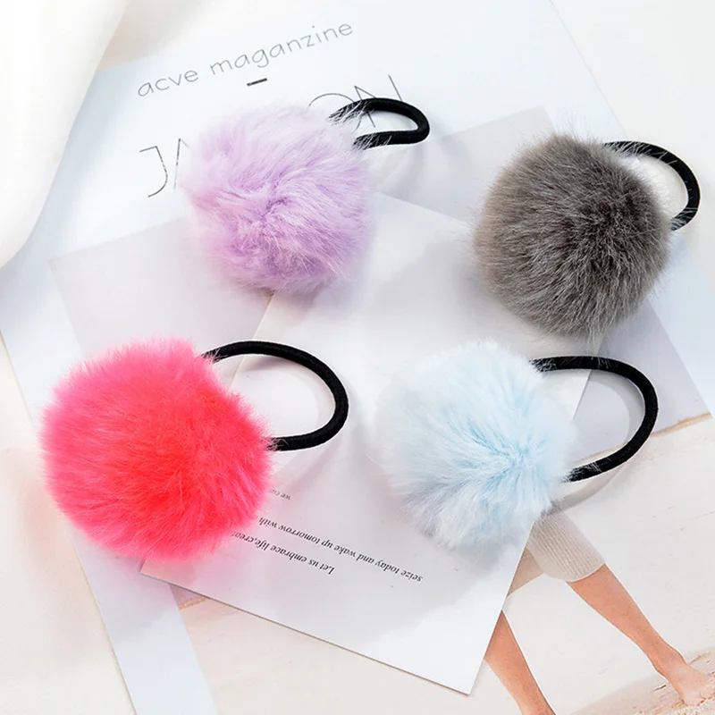 2 PCs Fashion Artificial Rabbit Fur Ball Elastic Hair Rope Rings Girls Hairband Soft Bands Plush Accessory | Красота и здоровье
