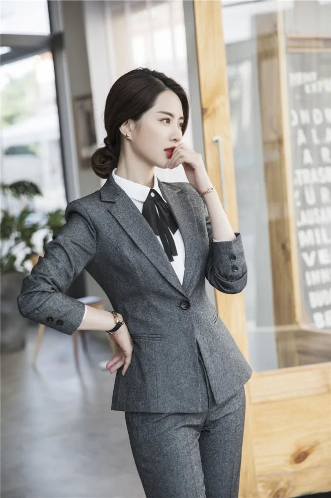 

Novelty Grey Uniforom Designs Women Business Suits with Pants and Jackets Coat Office Ladies Autumn Winter Pantsuits Blazers