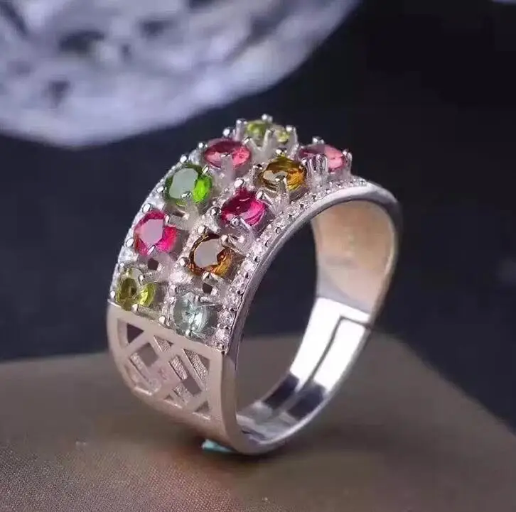 Platinum Plated Чистое 925 серебряное широкое кольцо с турмалином 10 шт. натуральный многоцветный цвет турмалин кольцо из стерлингового серебра Турмалин Кольцо - Цвет камня: Platinum Plated