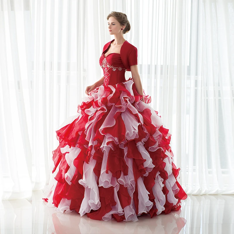 Дешевые бордовые платья Quinceanera бальное платье милое с жакетом из органзы