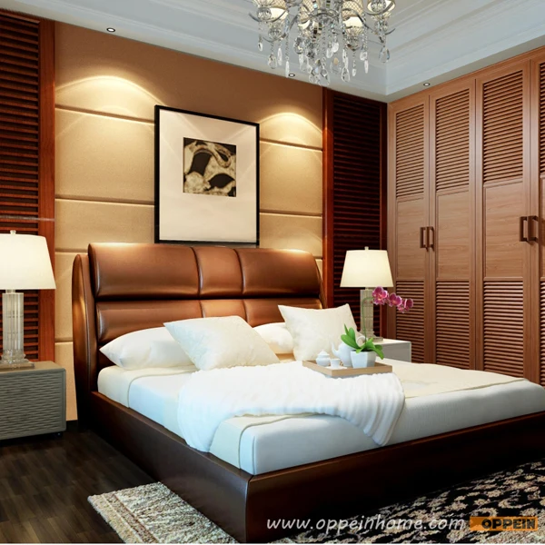 Oppein горячая продажа вишневого дерева кровать / мягкая двуспальная размера короля