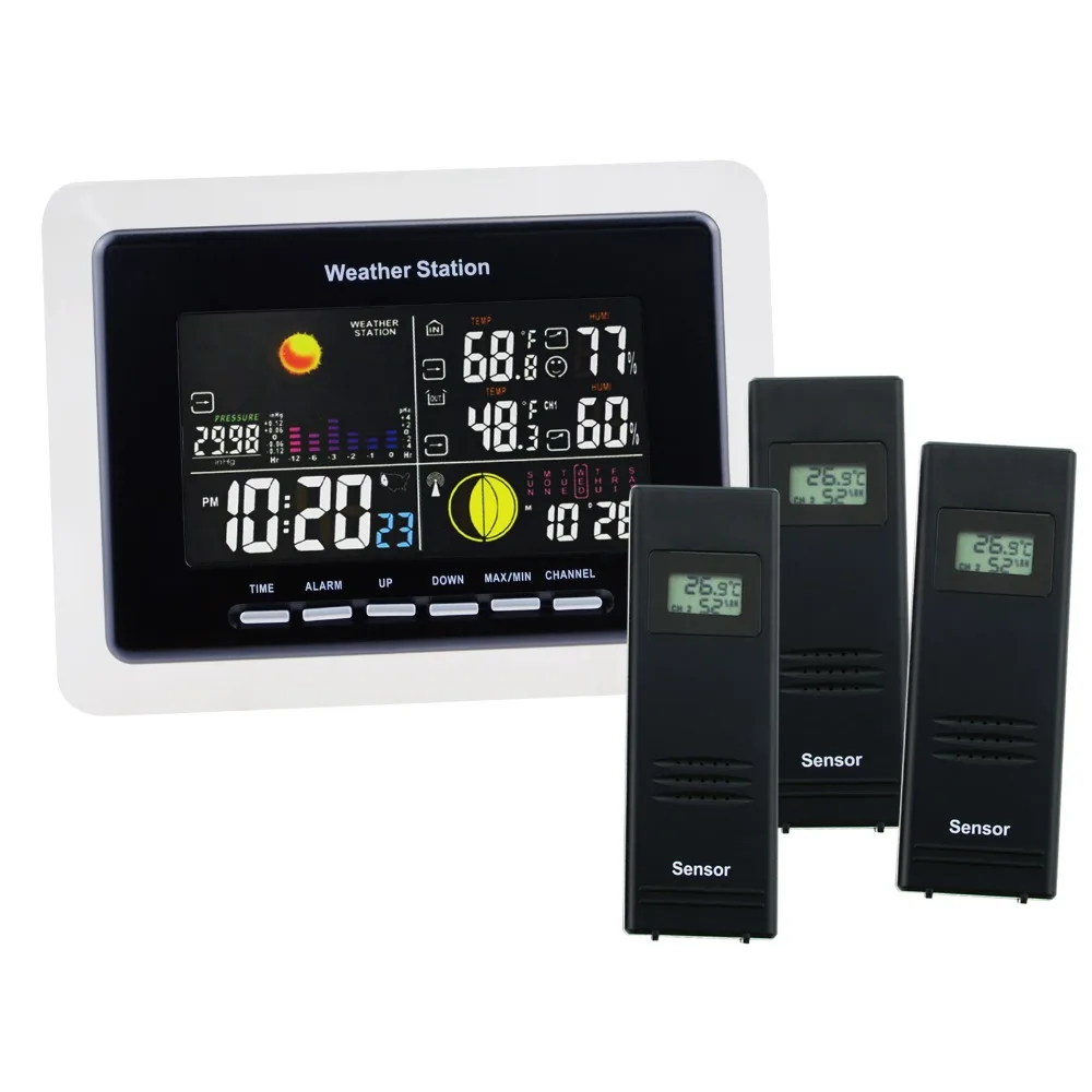 

Weather Station + 3 Wireless Sensor DCF RCC Receiver With 5 Weather Forecast With Am/Pm Indicator and LED Outdoor/Indoor