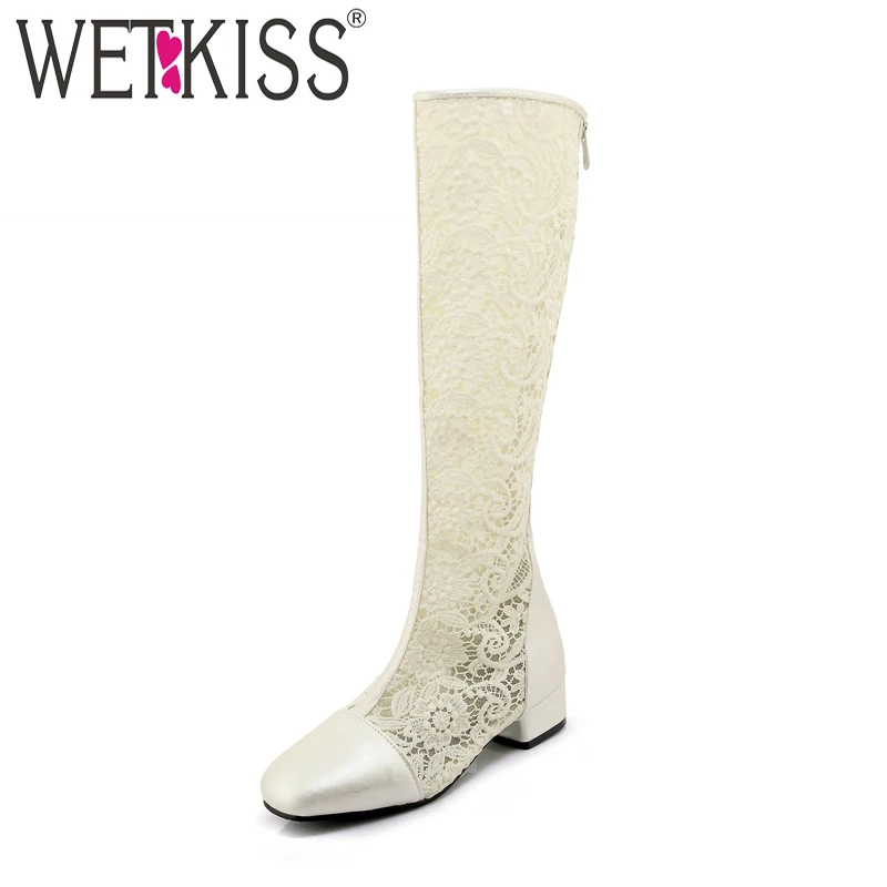 WETKISS/Новые летние женские сапоги до колена на толстом каблуке Осенняя модная