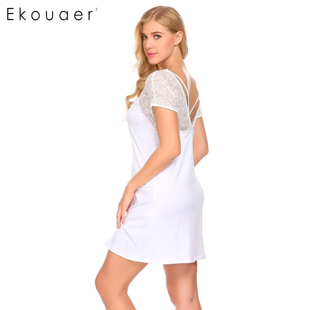Ekouaer Night Dress Sleepwear Women Deep V Neck Short Sleeve Mesh Patchwork Backless Cross Sleep Dress Nightgown Sleepshirts